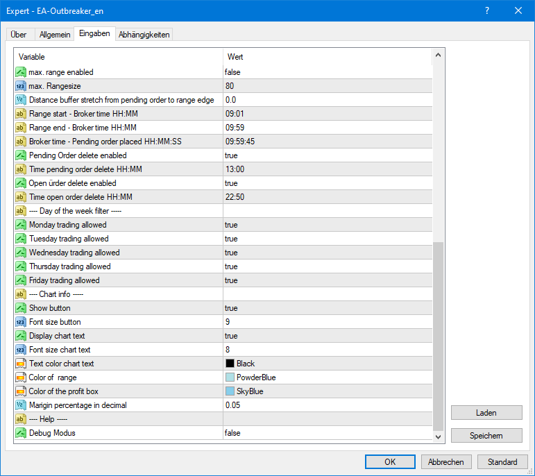 Open Range Breakout EA settings for lot size, stop loss, break-even and trailing